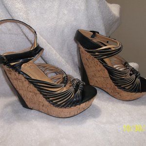 Relent Agneta, Black leather, cork wedges, size7.5